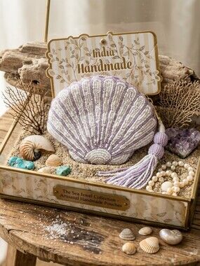 India Handmade Beaded Shell Wallet Purple & White NWT